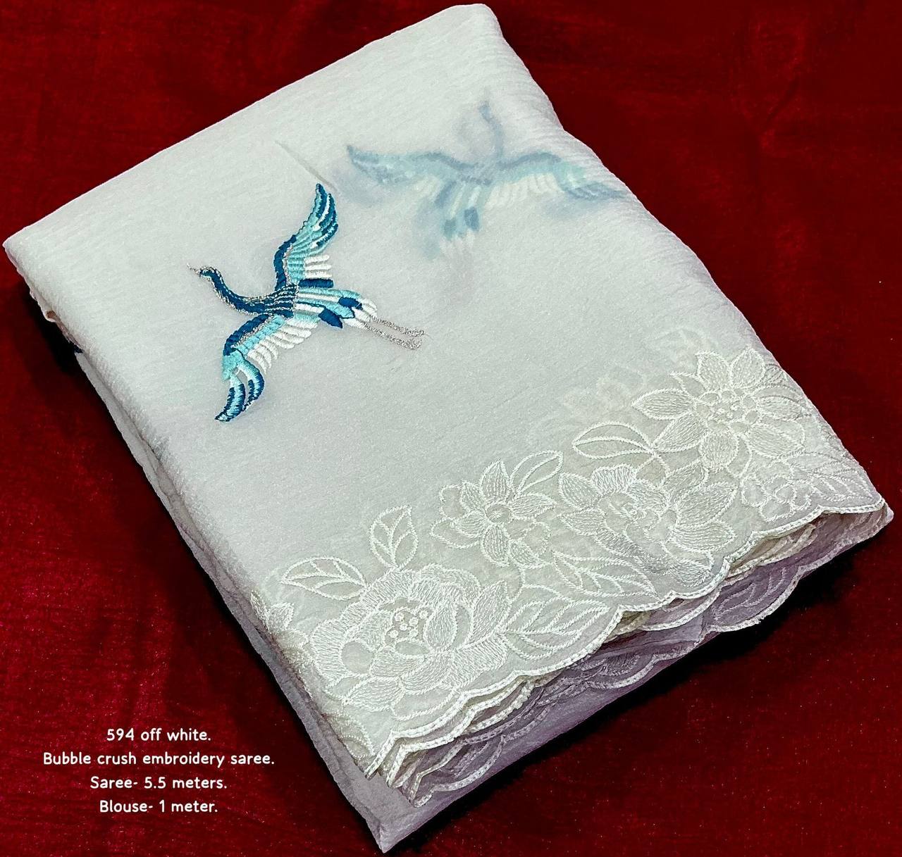 Lucknowi Bird Embroidery Soft Bubble Crush Silk Off White Saree With Blouse
