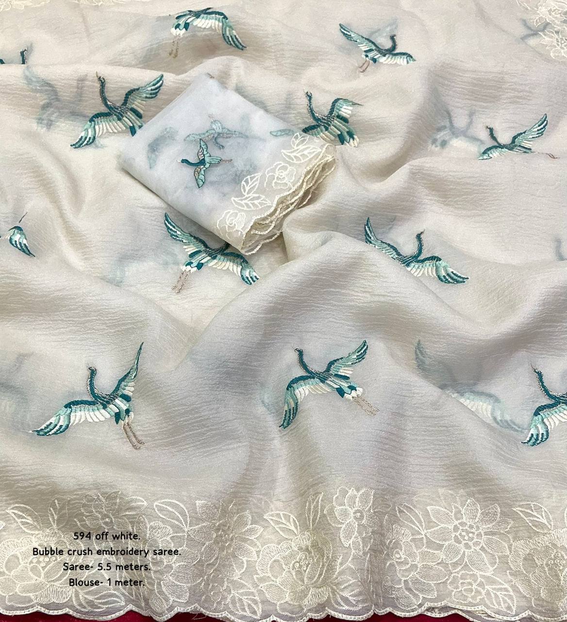 Lucknowi Bird Embroidery Soft Bubble Crush Silk Off White Saree With Blouse