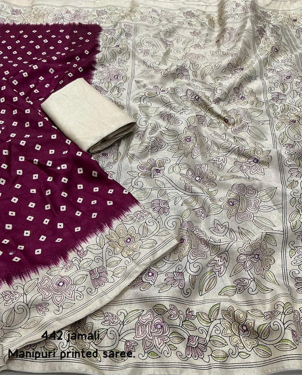 Aari Mirror Work Lightweight Manipuri Silk Bandhani Saree With Blouse