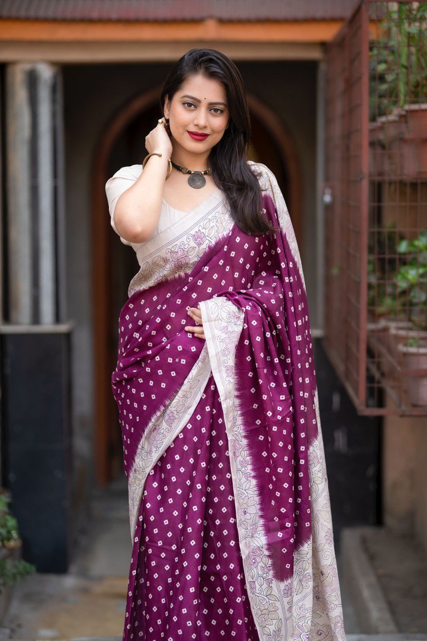 Aari Mirror Work Lightweight Manipuri Silk Bandhani Saree With Blouse