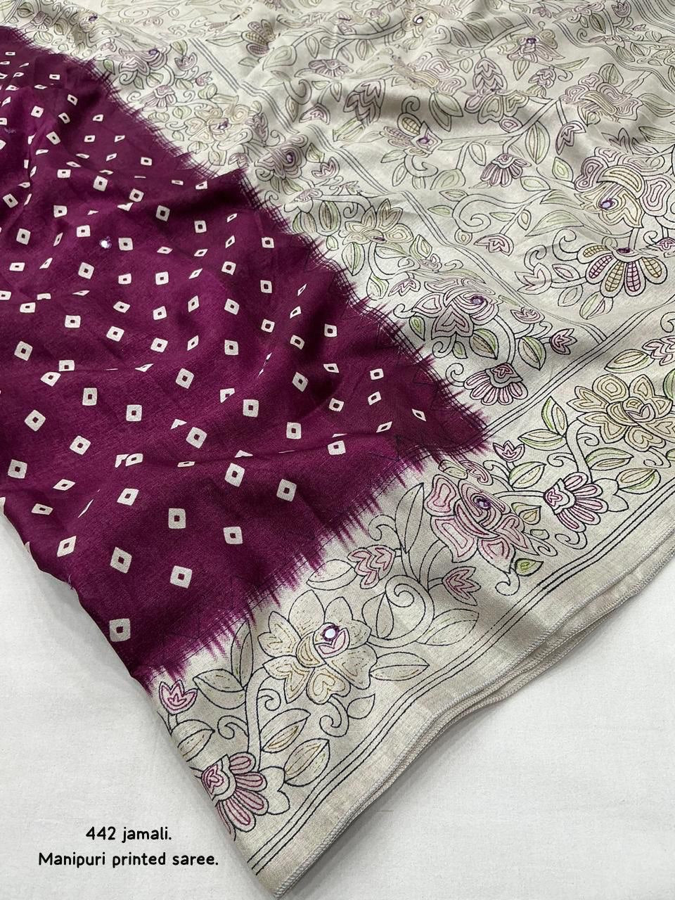 Aari Mirror Work Lightweight Manipuri Silk Bandhani Saree With Blouse