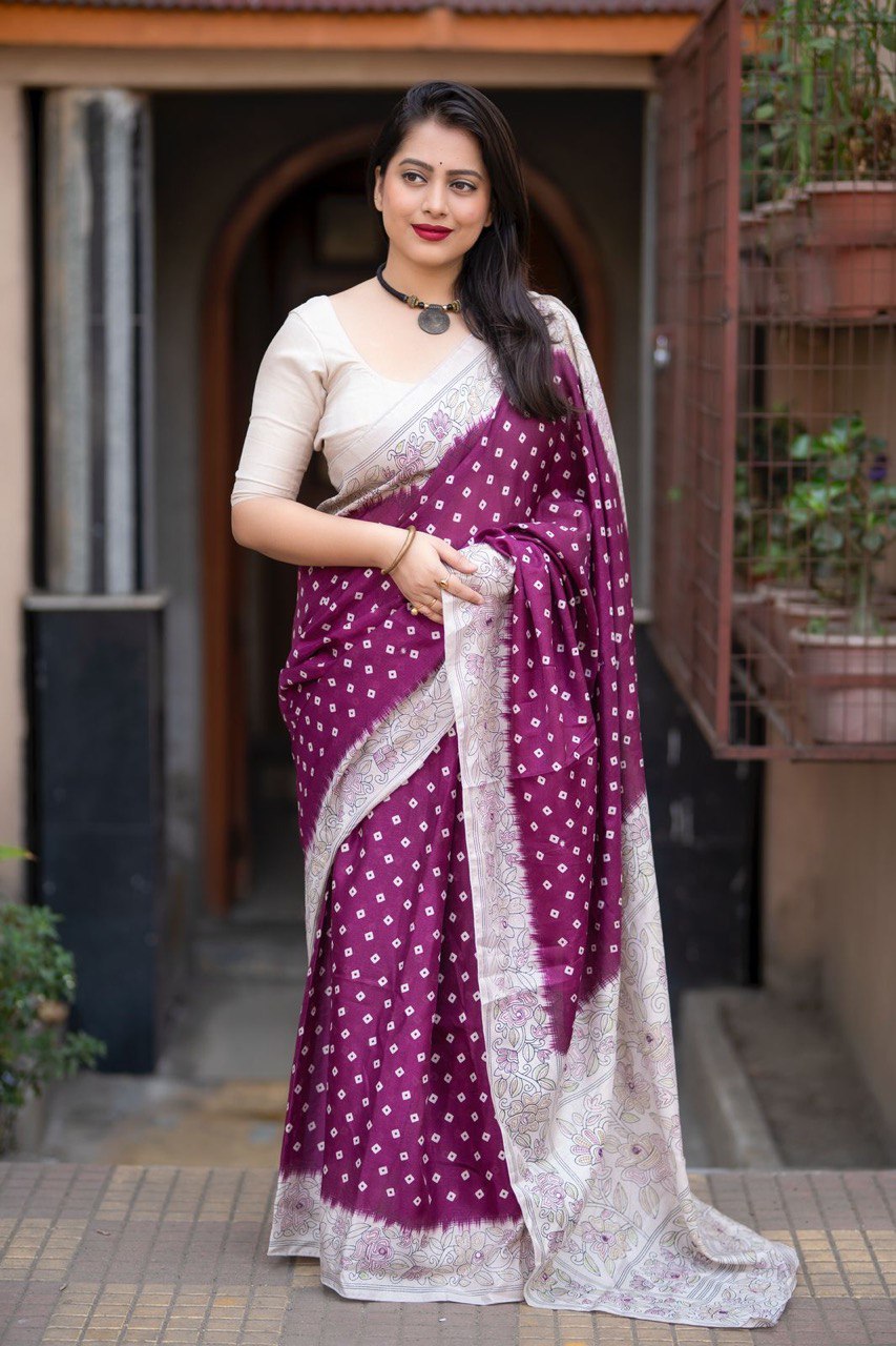 Aari Mirror Work Lightweight Manipuri Silk Bandhani Saree With Blouse