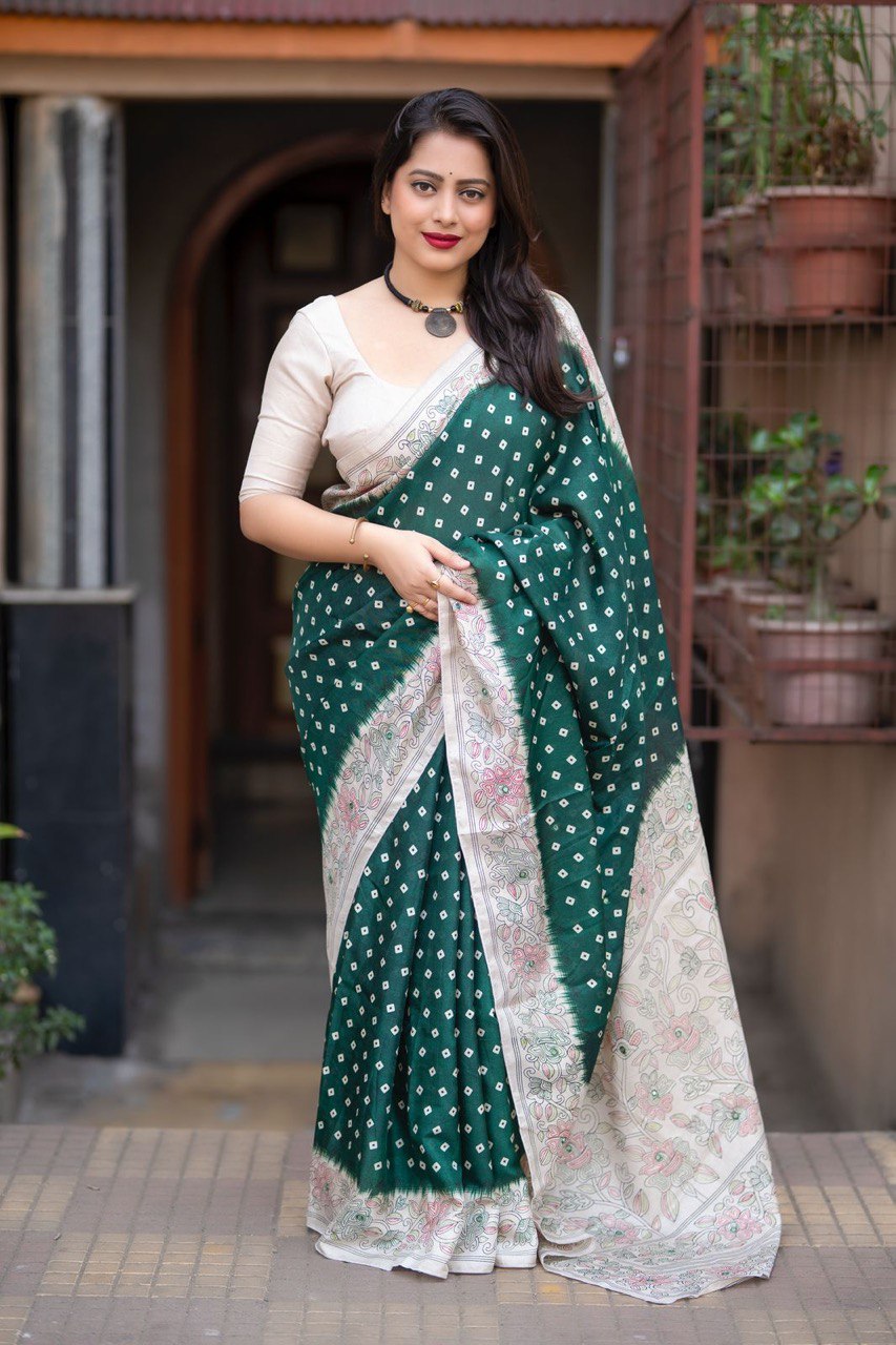 Aari Mirror Work Lightweight Manipuri Silk Bandhani Saree With Blouse