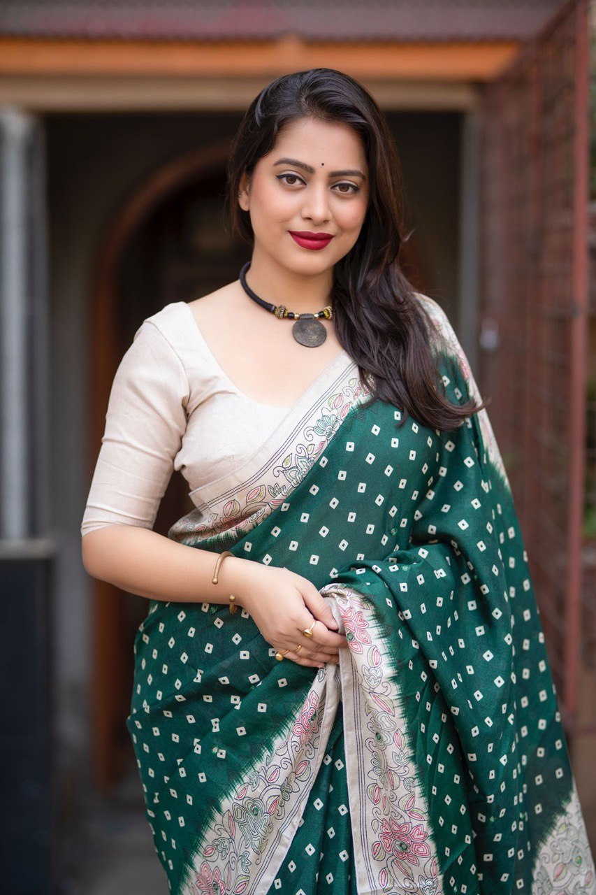 Aari Mirror Work Lightweight Manipuri Silk Bandhani Saree With Blouse