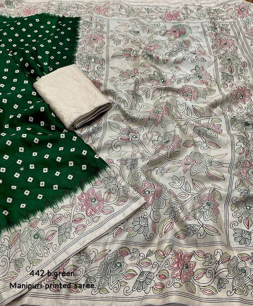 Aari Mirror Work Lightweight Manipuri Silk Bandhani Saree With Blouse
