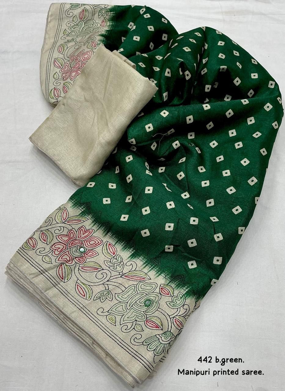 Aari Mirror Work Lightweight Manipuri Silk Bandhani Saree With Blouse