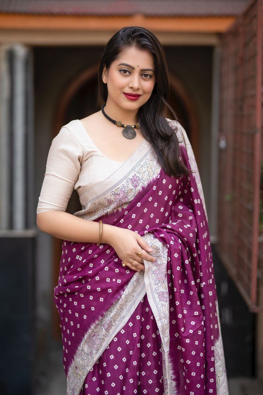 Aari Mirror Work Lightweight Manipuri Silk Bandhani Saree With Blouse