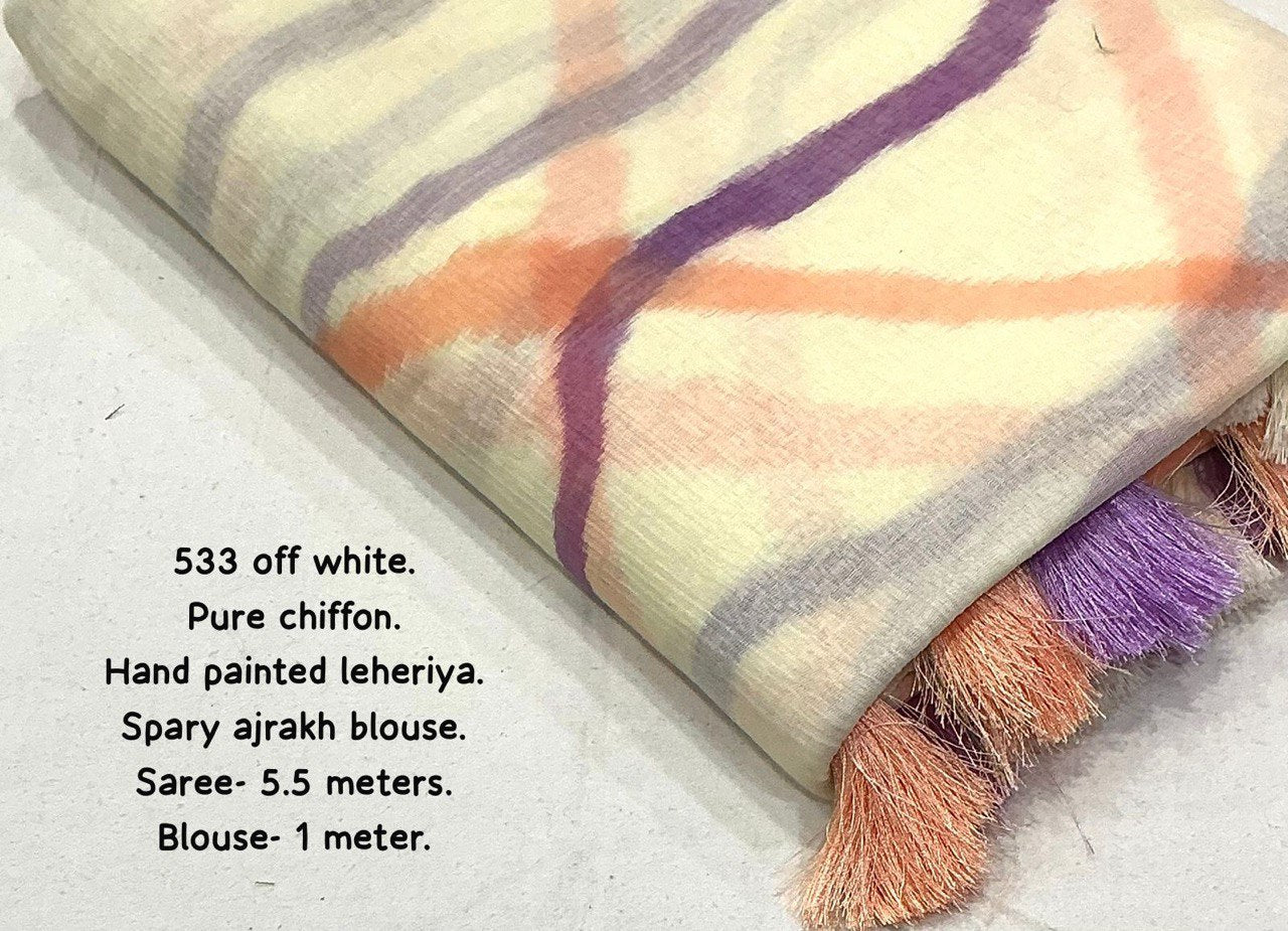 Aari Mirror Work Pure Chinon Chiffon Leheriya Hand-Painted Saree with Block Printed Blouse