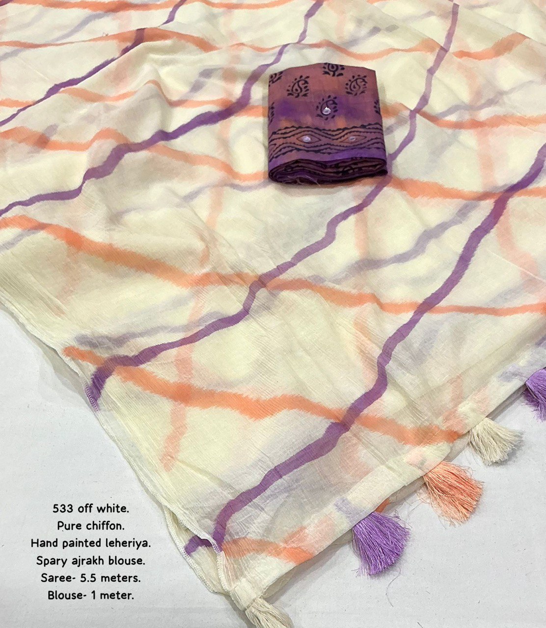 Aari Mirror Work Pure Chinon Chiffon Leheriya Hand-Painted Saree with Block Printed Blouse