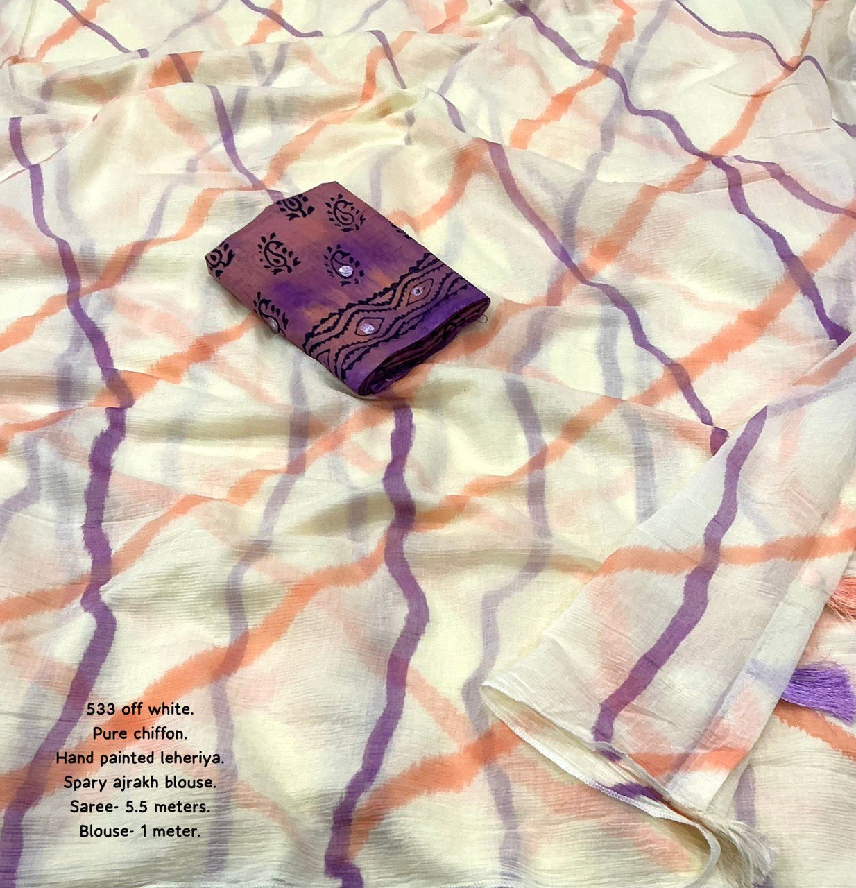 Aari Mirror Work Pure Chinon Chiffon Leheriya Hand-Painted Saree with Block Printed Blouse