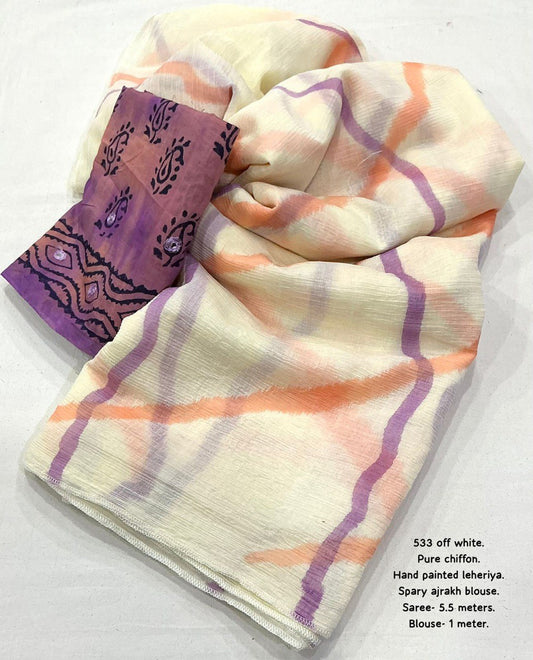 Aari Mirror Work Pure Chinon Chiffon Leheriya Hand-Painted Saree with Block Printed Blouse