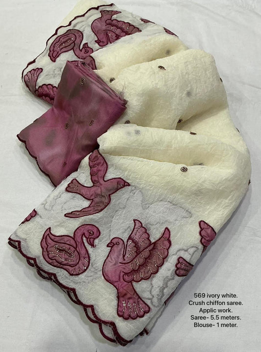 Premium Ivory Crush Chiffon Applique Work Saree with Embroidered Shibori Blouse