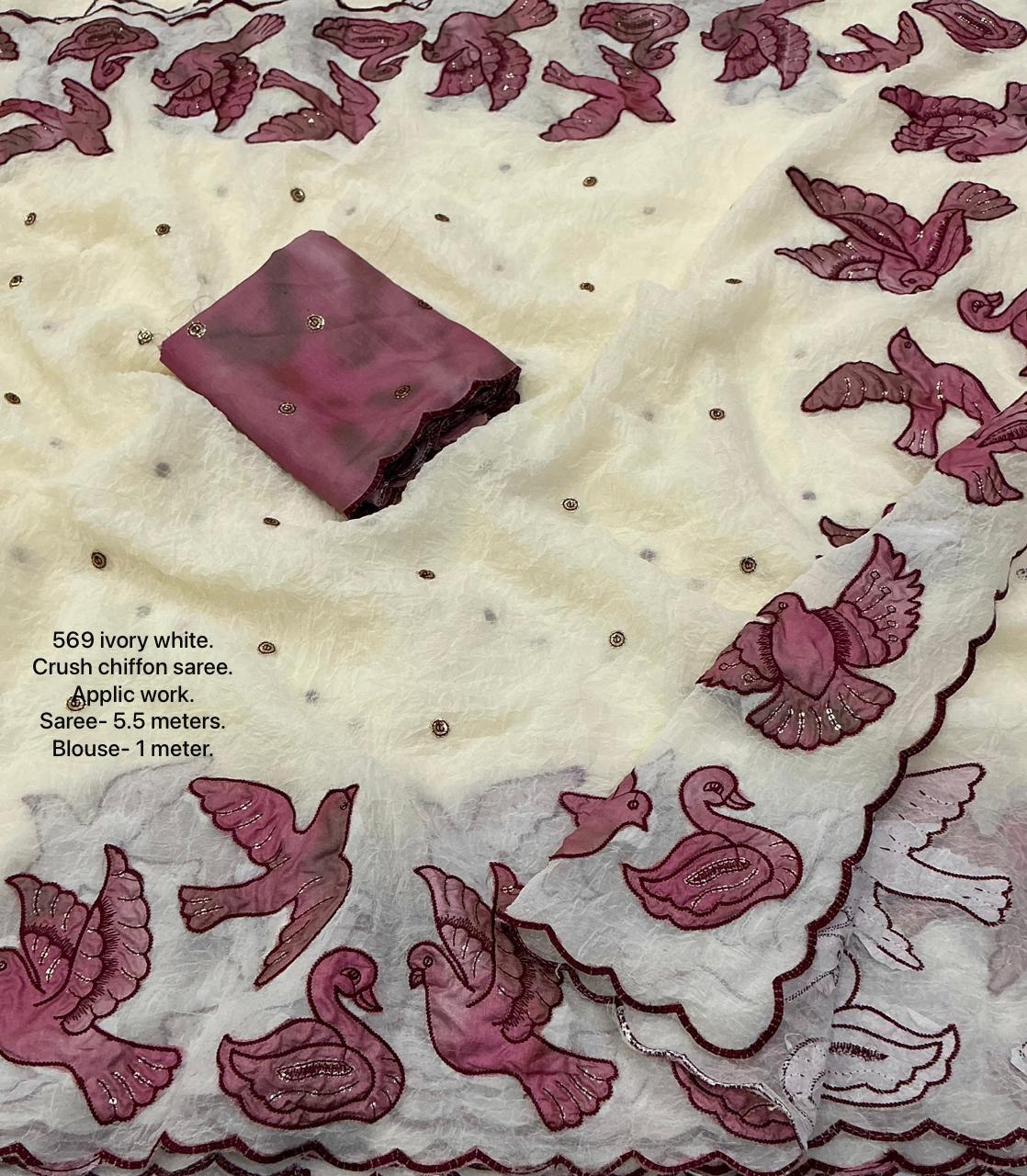 Premium Ivory Crush Chiffon Applique Work Saree with Embroidered Shibori Blouse