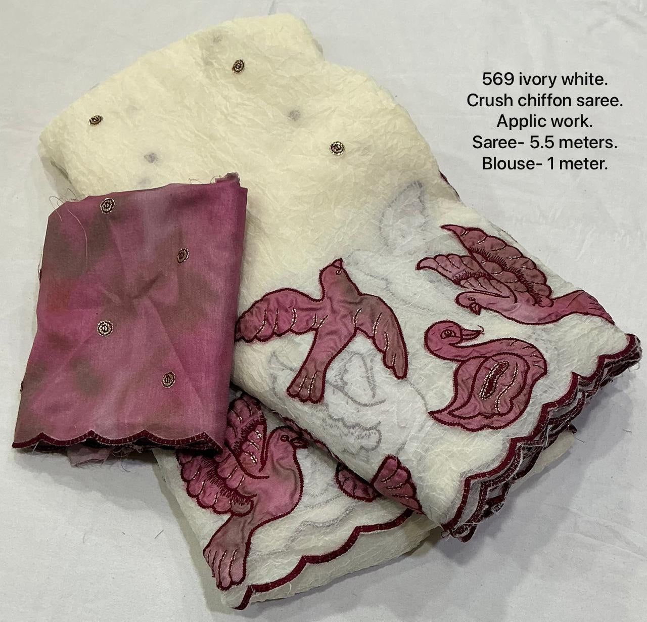 Premium Ivory Crush Chiffon Applique Work Saree with Embroidered Shibori Blouse