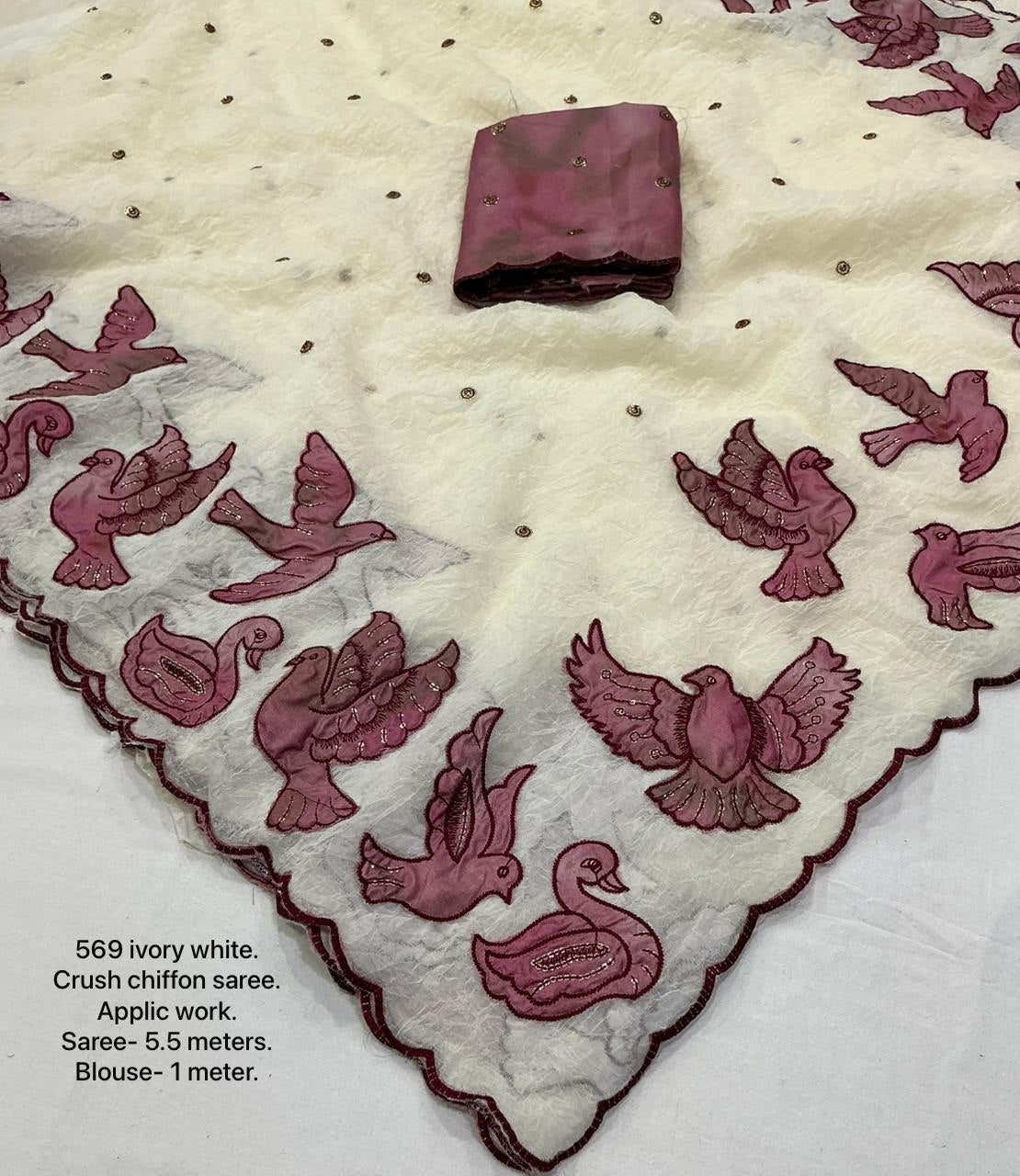 Premium Ivory Crush Chiffon Applique Work Saree with Embroidered Shibori Blouse