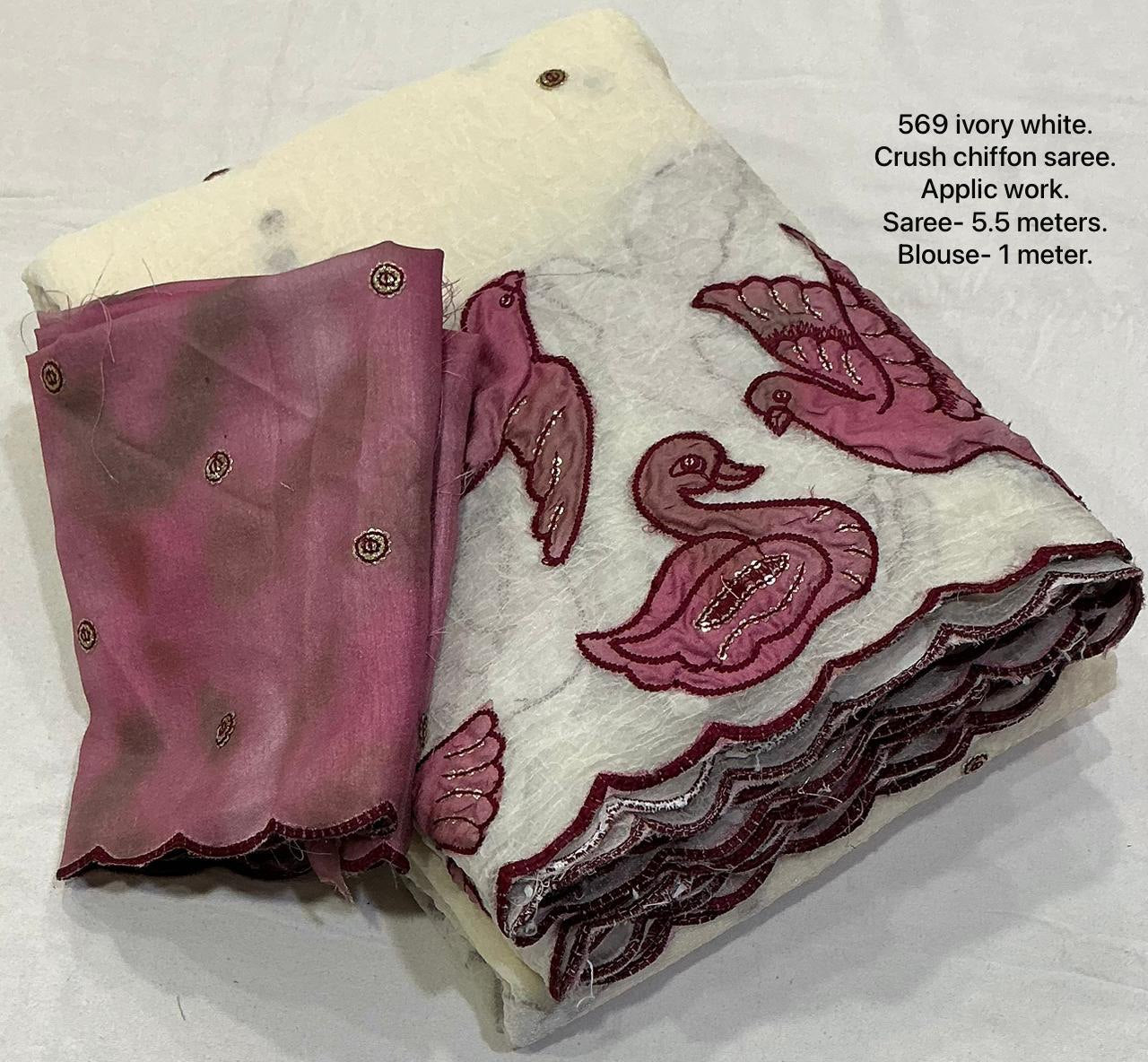 Premium Ivory Crush Chiffon Applique Work Saree with Embroidered Shibori Blouse