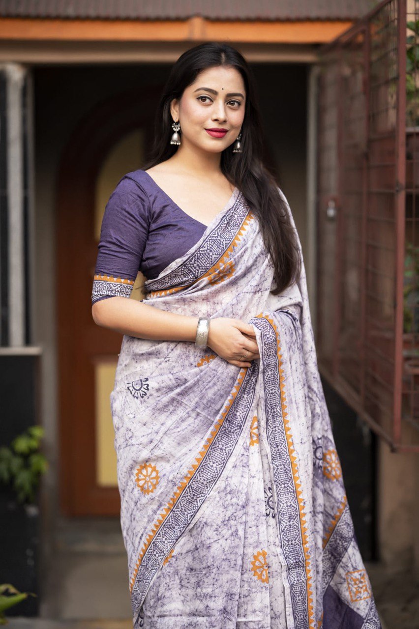 Hand Block Printed Spray Style Chanderi Cotton Saree with Contrast Blouse