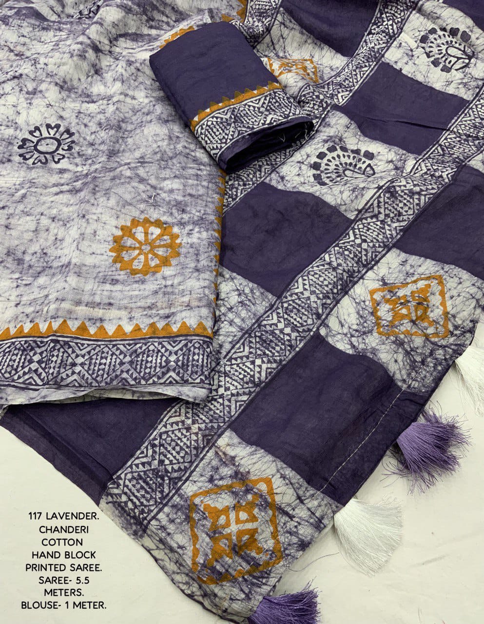 Hand Block Printed Spray Style Chanderi Cotton Saree with Contrast Blouse