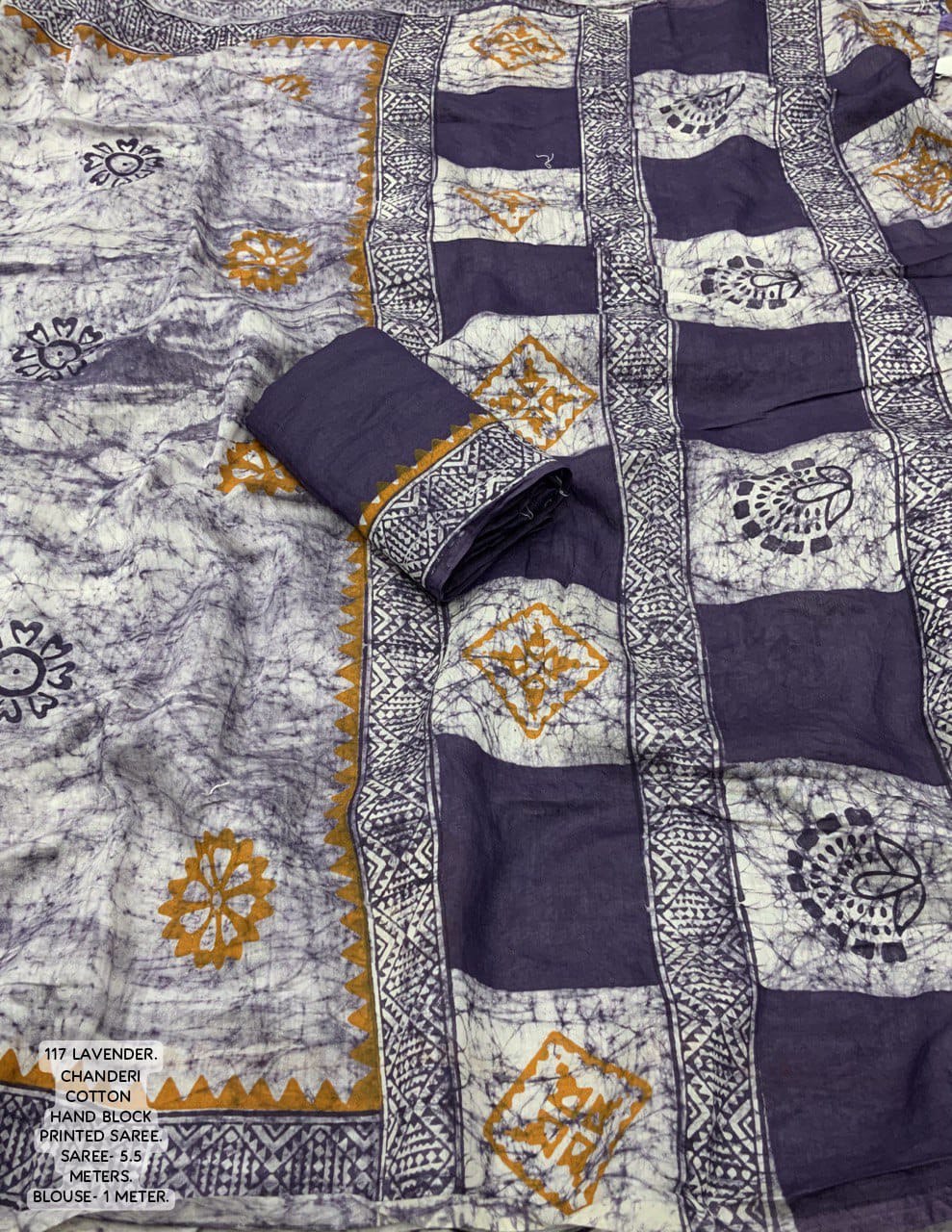Hand Block Printed Spray Style Chanderi Cotton Saree with Contrast Blouse