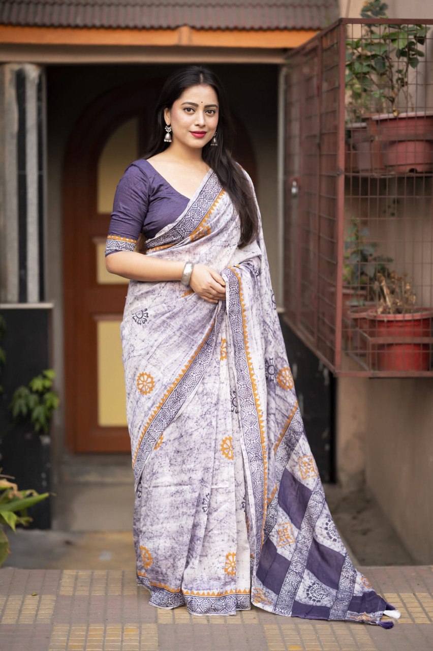 Hand Block Printed Spray Style Chanderi Cotton Saree with Contrast Blouse