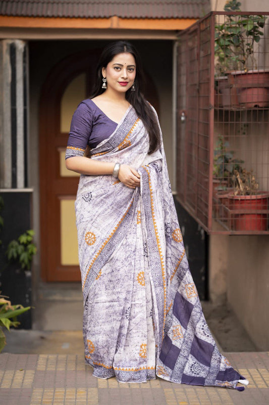 Hand Block Printed Spray Style Chanderi Cotton Saree with Contrast Blouse
