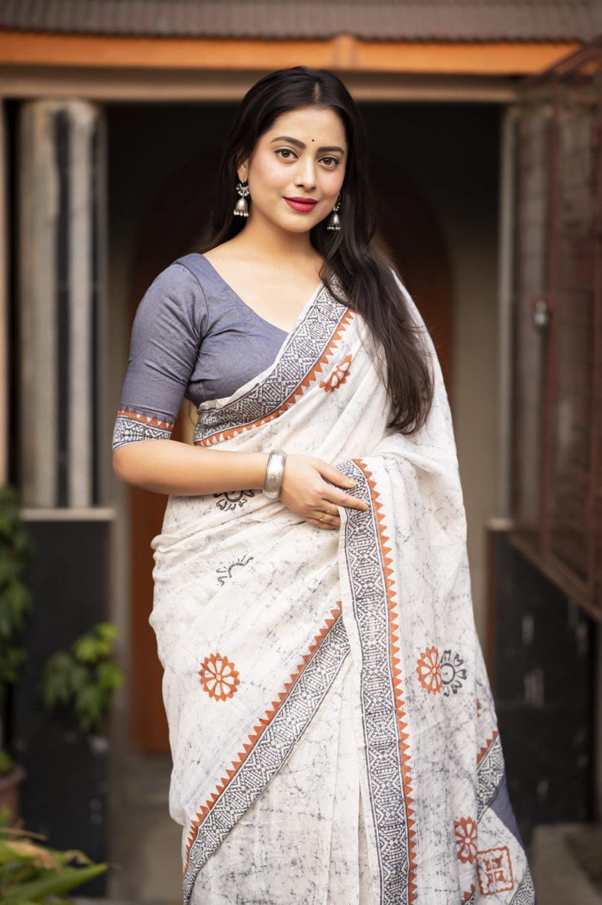 Hand Block Printed Spray Style Chanderi Cotton Saree with Contrast Blouse