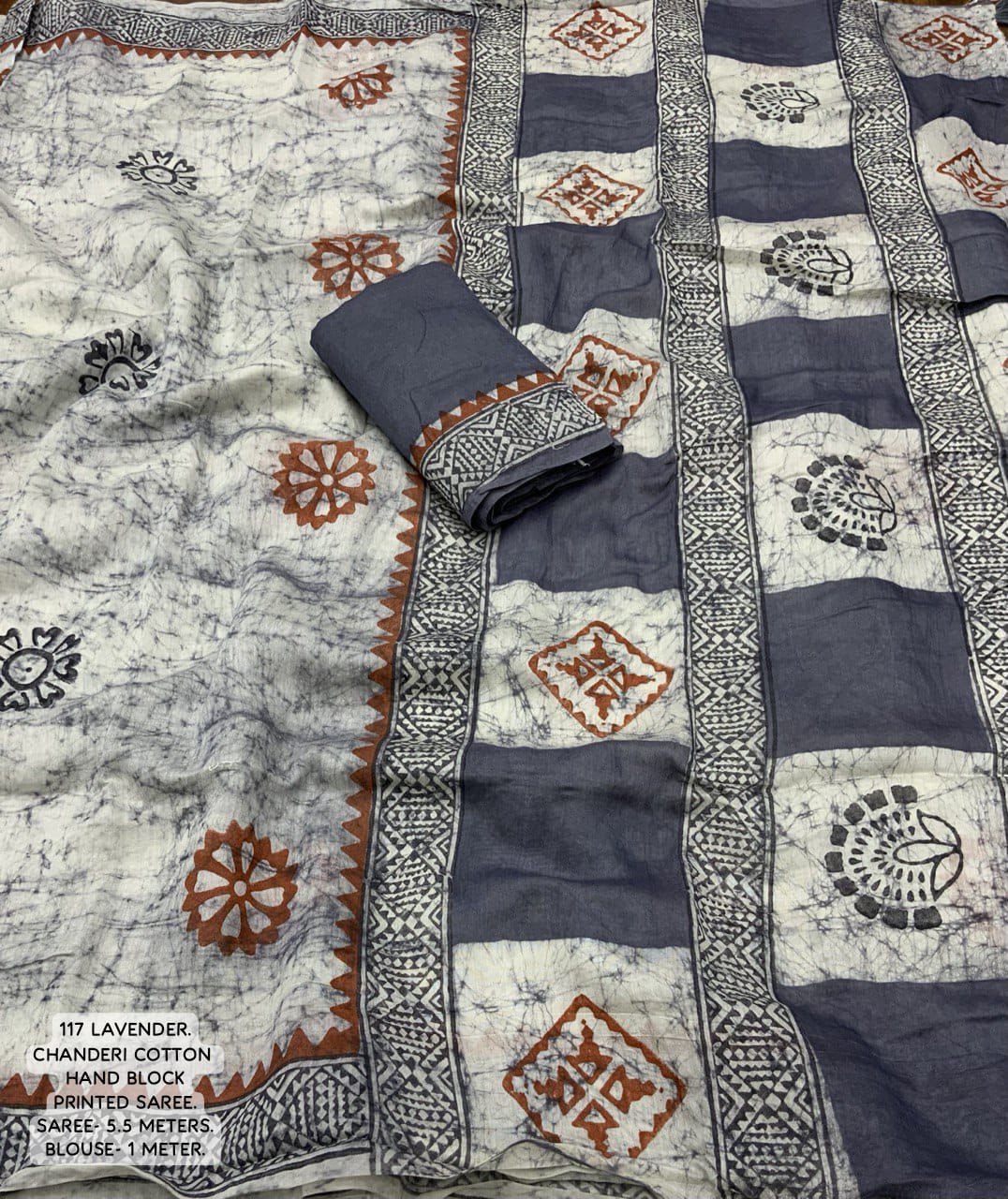Hand Block Printed Spray Style Chanderi Cotton Saree with Contrast Blouse
