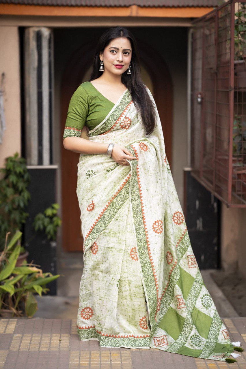 Hand Block Printed Spray Style Chanderi Cotton Saree with Contrast Blouse
