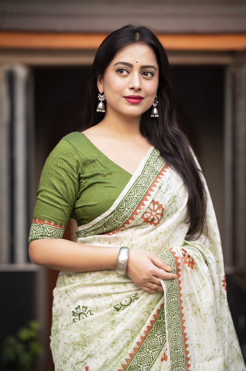 Hand Block Printed Spray Style Chanderi Cotton Saree with Contrast Blouse