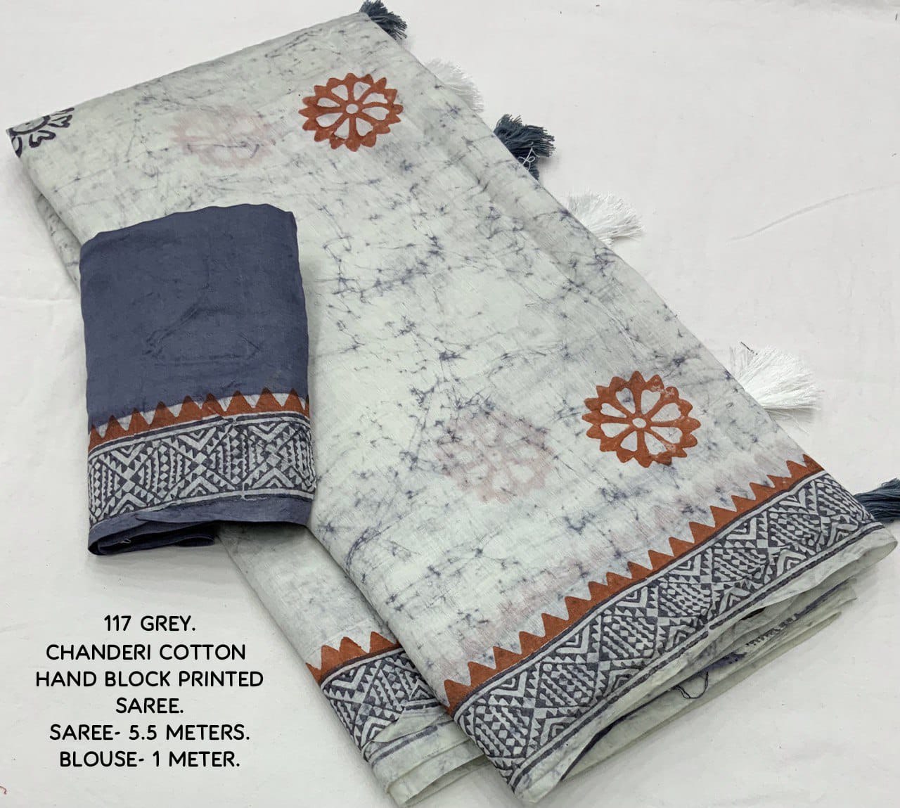 Hand Block Printed Spray Style Chanderi Cotton Saree with Contrast Blouse
