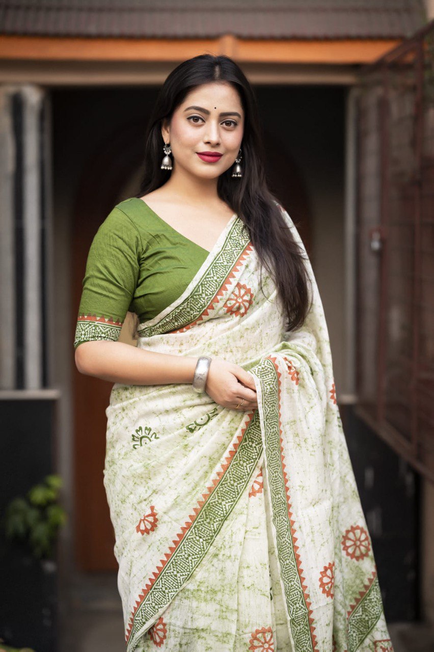 Hand Block Printed Spray Style Chanderi Cotton Saree with Contrast Blouse