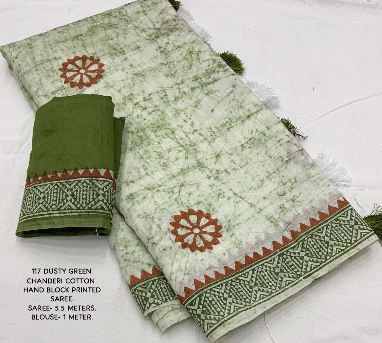 Hand Block Printed Spray Style Chanderi Cotton Saree with Contrast Blouse