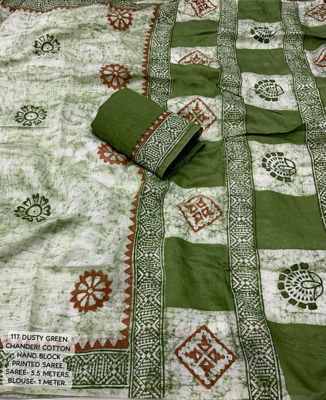 Hand Block Printed Spray Style Chanderi Cotton Saree with Contrast Blouse