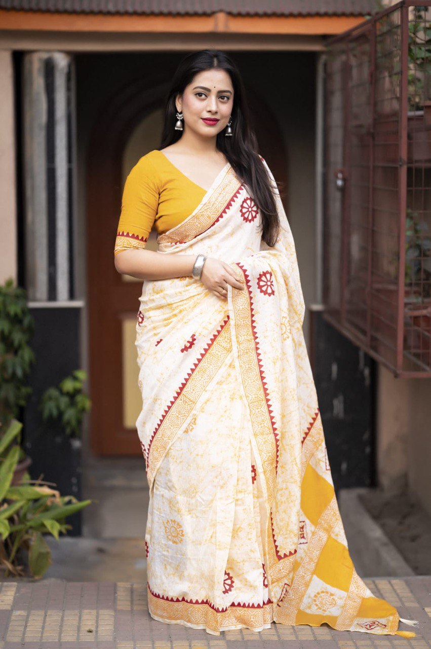 Hand Block Printed Spray Style Chanderi Cotton Saree with Contrast Blouse