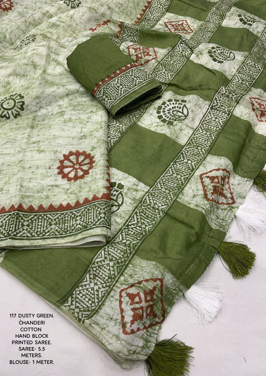 Hand Block Printed Spray Style Chanderi Cotton Saree with Contrast Blouse
