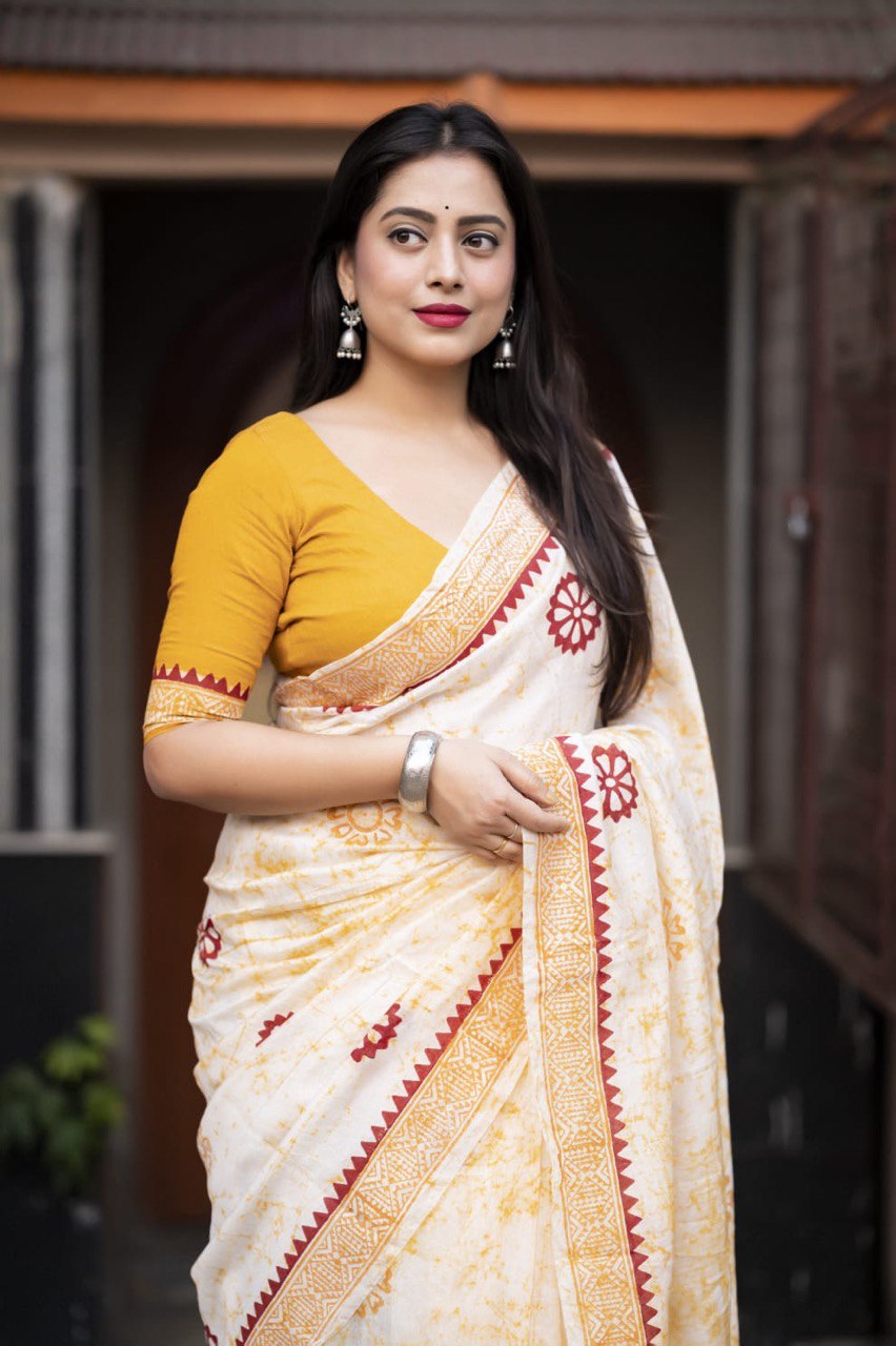 Hand Block Printed Spray Style Chanderi Cotton Saree with Contrast Blouse