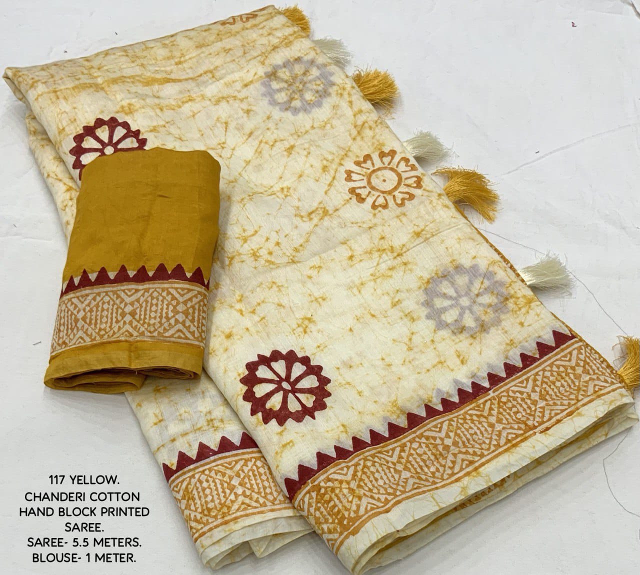 Hand Block Printed Spray Style Chanderi Cotton Saree with Contrast Blouse