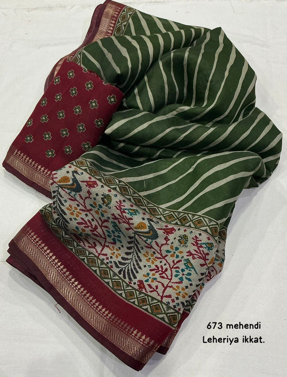 Mangalgiri Style Zari Pattu Border Cotton Leheriya Ikkat Printed Saree with Blouse