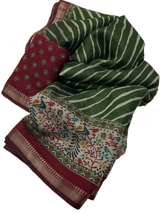 Mangalgiri Style Zari Pattu Border Cotton Leheriya Ikkat Printed Saree with Blouse