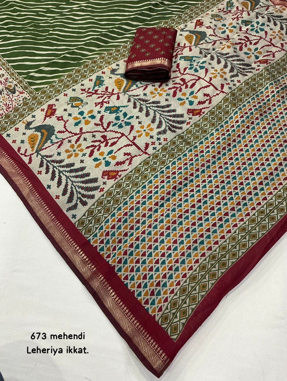 Mangalgiri Style Zari Pattu Border Cotton Leheriya Ikkat Printed Saree with Blouse