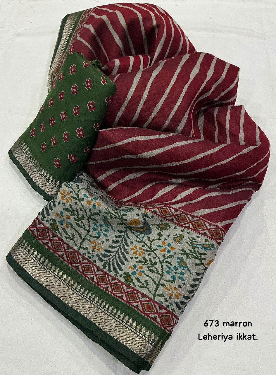 Mangalgiri Style Zari Pattu Border Cotton Leheriya Ikkat Printed Saree with Blouse