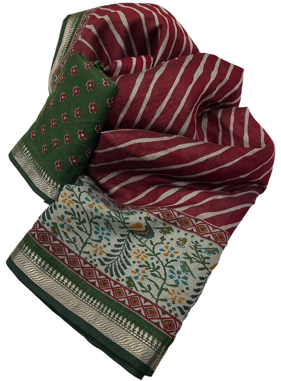 Mangalgiri Style Zari Pattu Border Cotton Leheriya Ikkat Printed Saree with Blouse