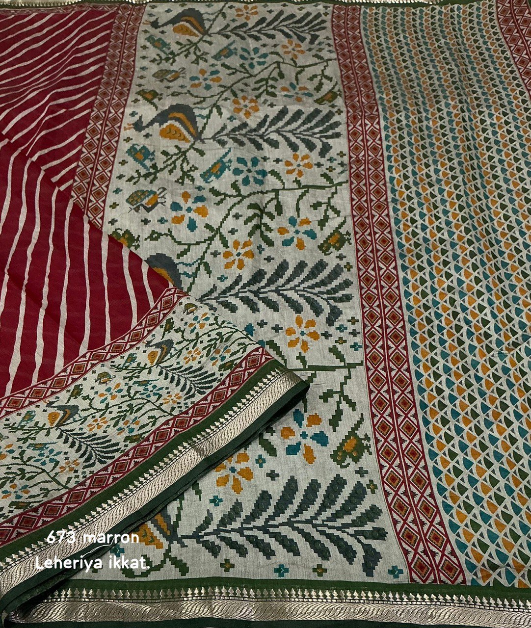 Mangalgiri Style Zari Pattu Border Cotton Leheriya Ikkat Printed Saree with Blouse