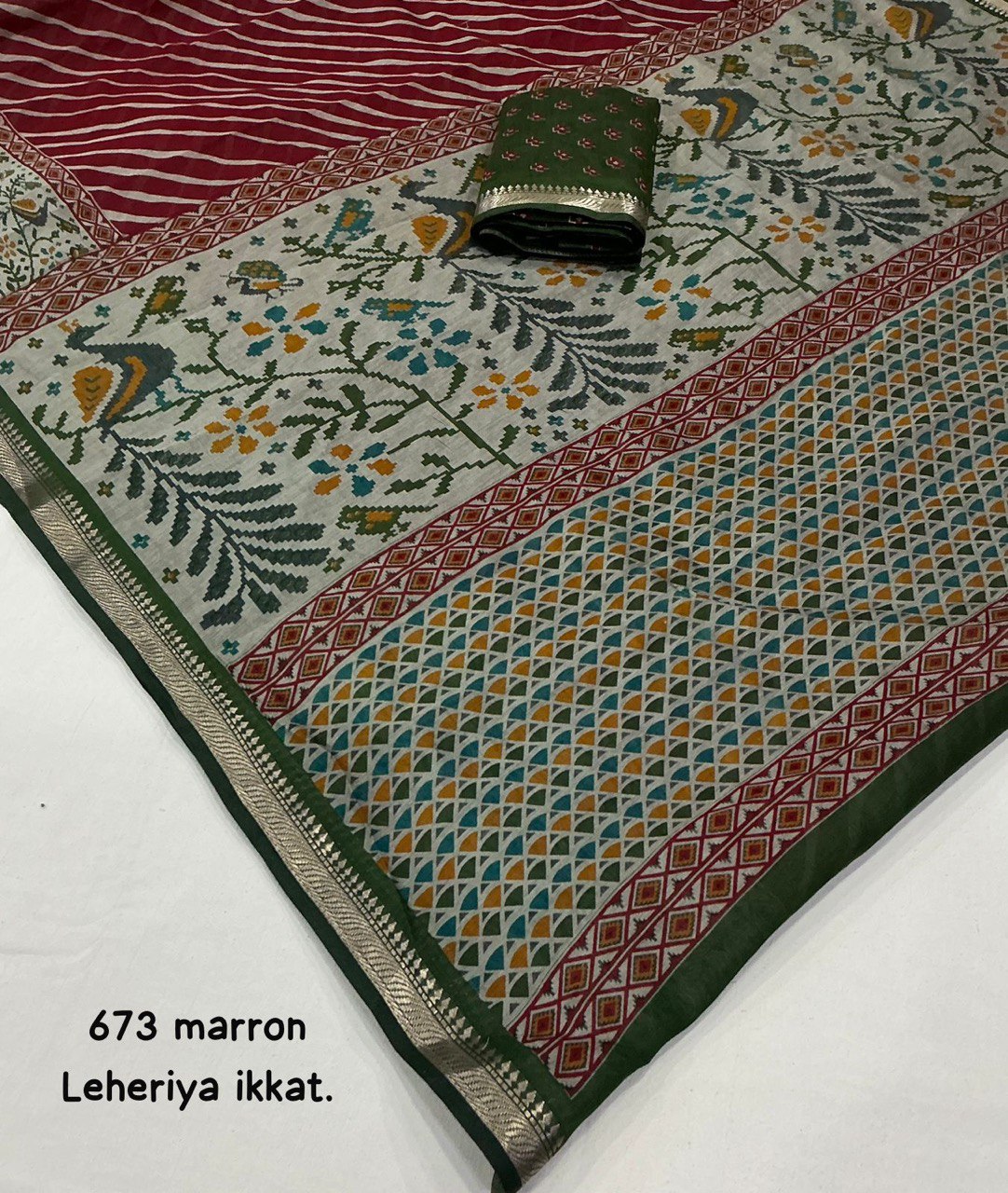 Mangalgiri Style Zari Pattu Border Cotton Leheriya Ikkat Printed Saree with Blouse