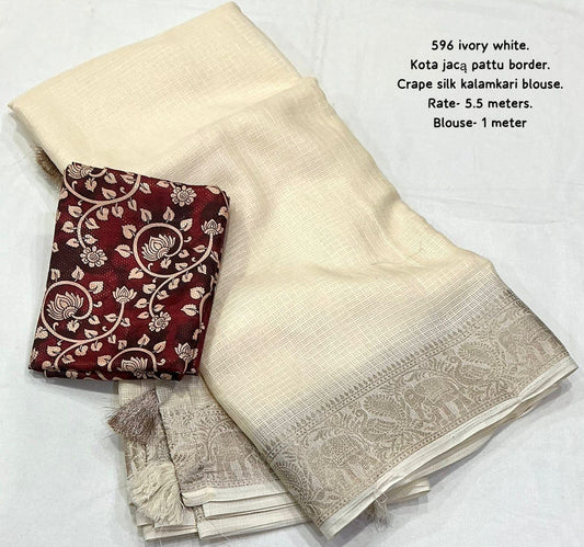 oft Kota Doria Saree with Zari Pattu Border & Kalamkari Crape Silk Blouse