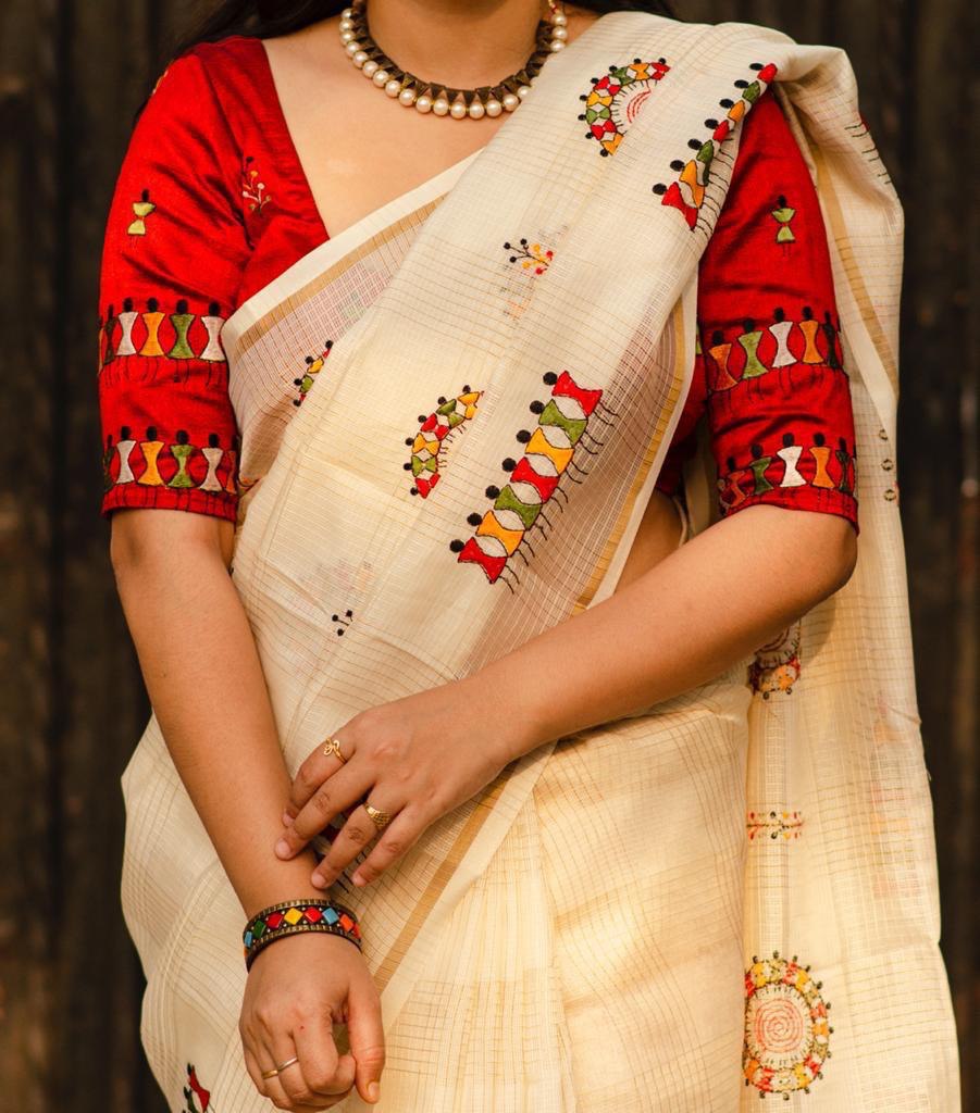 Manipuri Kota Silk Checkered Worli Embroidery Saree With Mulberry Silk Blouse