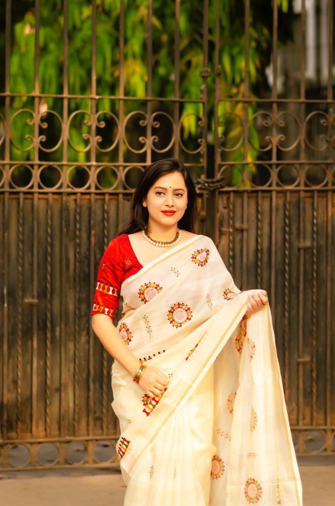 Manipuri Kota Silk Checkered Worli Embroidery Saree With Mulberry Silk Blouse