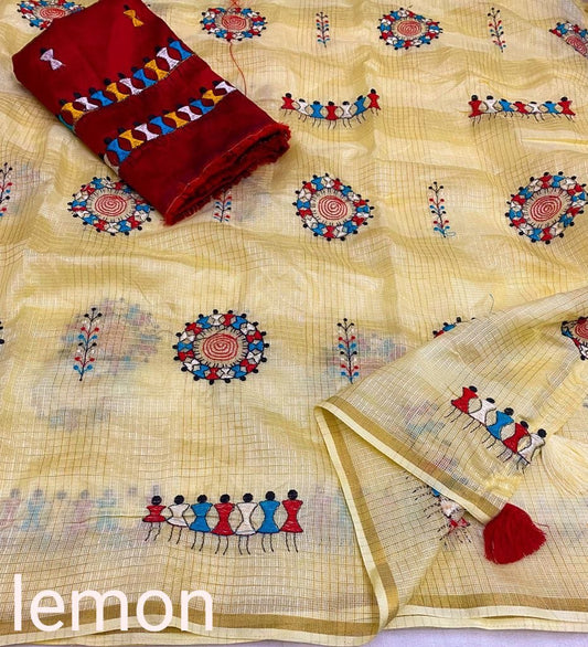 Manipuri Kota Silk Checkered Worli Embroidery Saree With Mulberry Silk Blouse