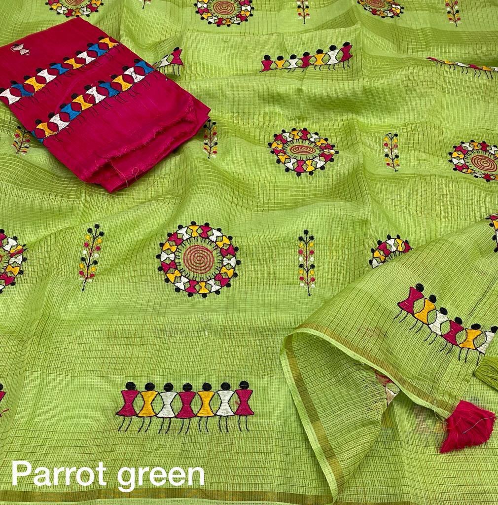 Manipuri Kota Silk Checkered Worli Embroidery Saree With Mulberry Silk Blouse