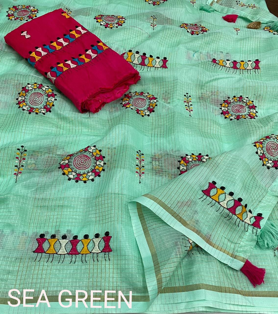 Manipuri Kota Silk Checkered Worli Embroidery Saree With Mulberry Silk Blouse
